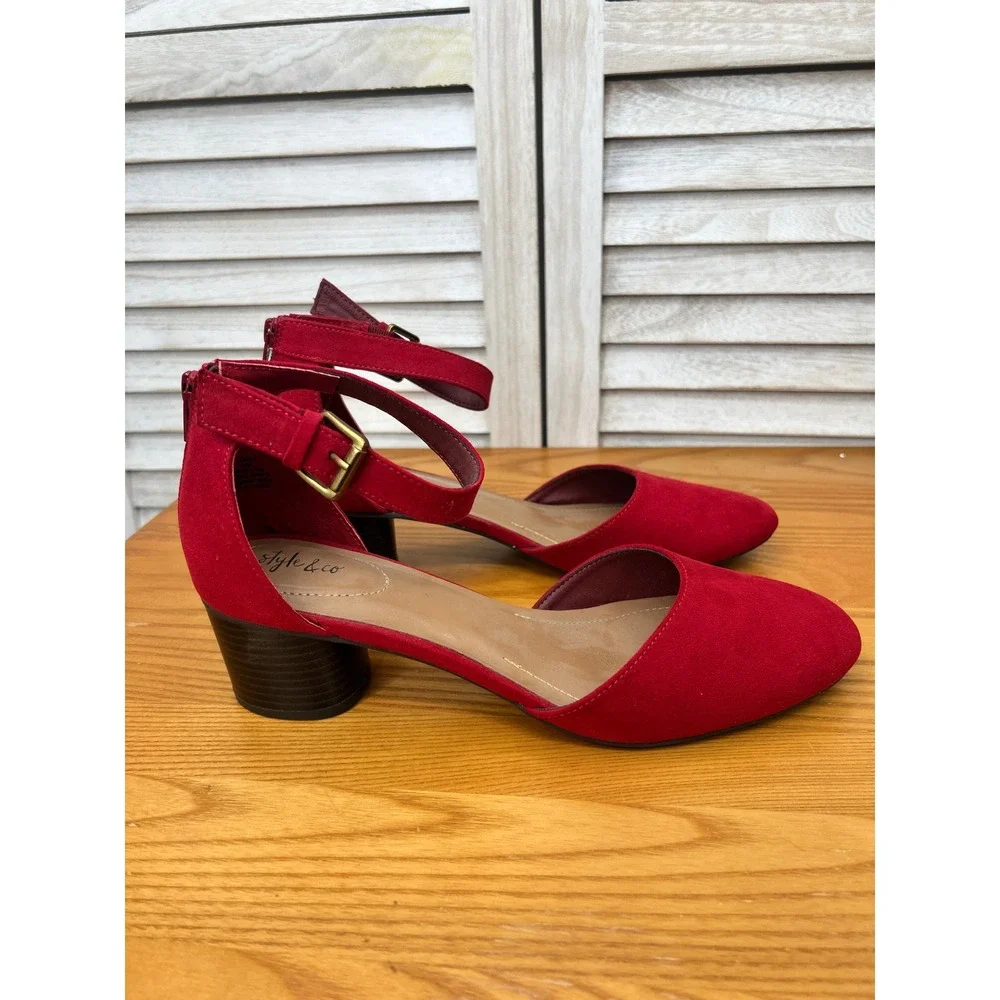 Style & Co Ankle Strap Heels 10 Red Women Faux Suede Block Heel